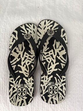 Tory Burch Black & white Zebra-Print Flip Flops with Logo Medallions